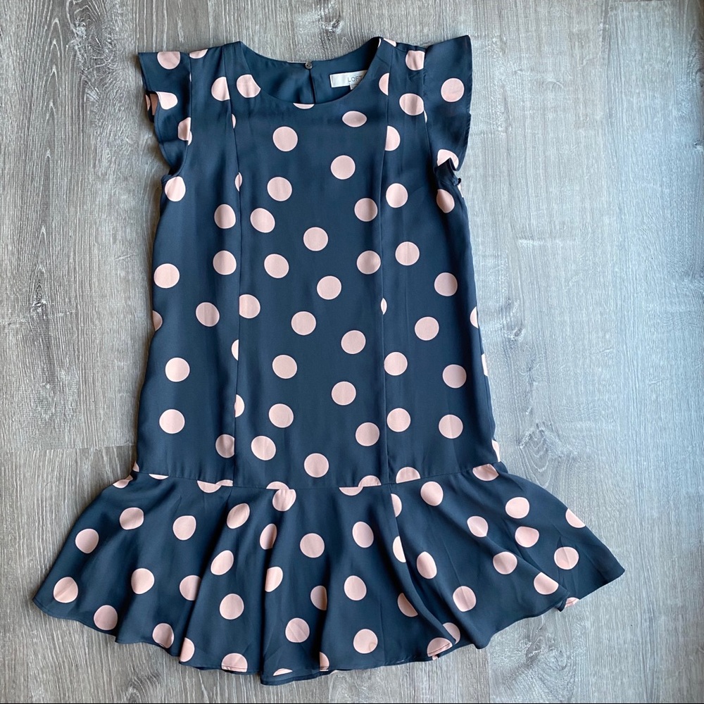 NWT Loft Polka Dot Flounce Dress Petrol Grey Pink - Picture 5 of 8
